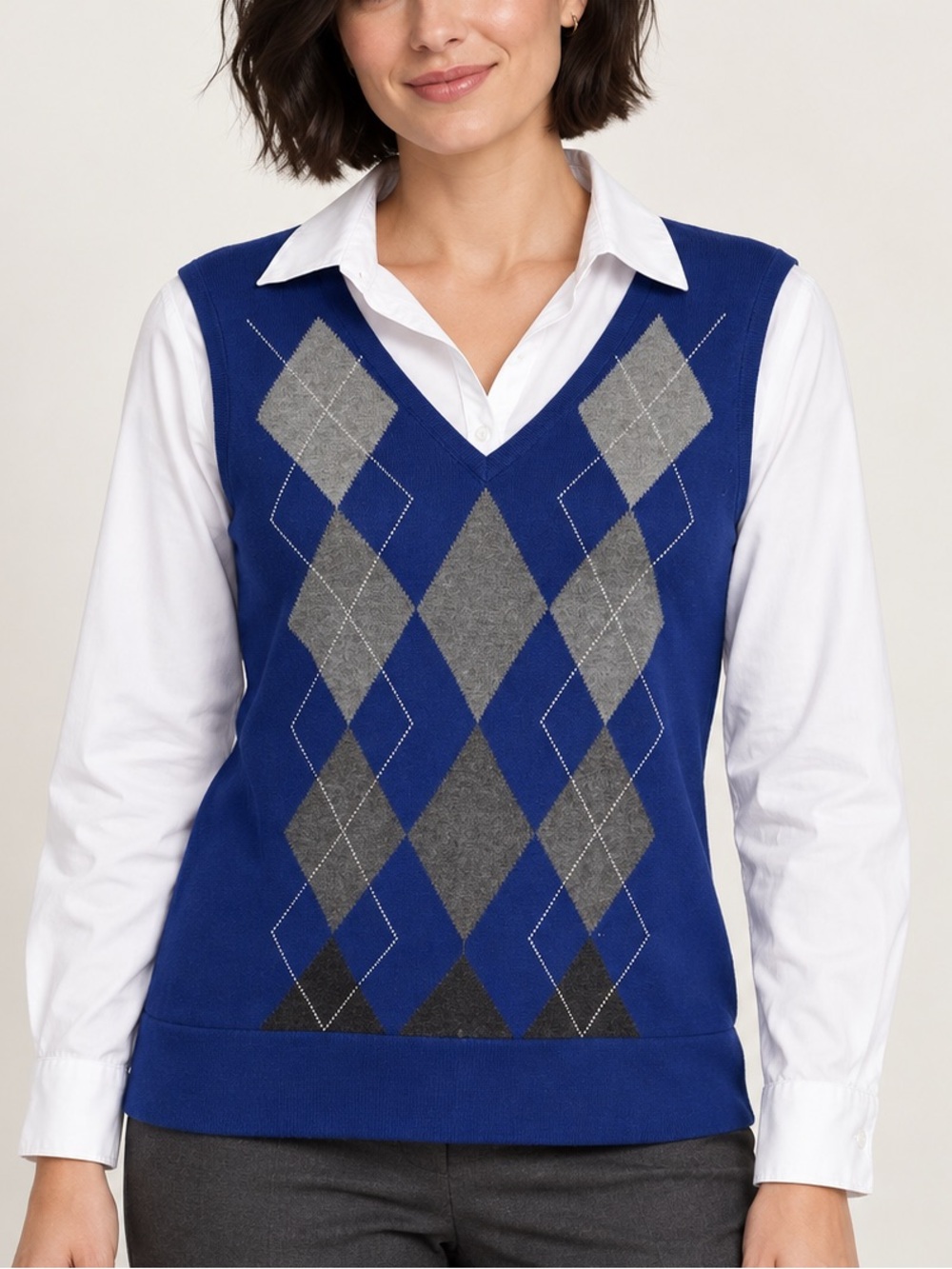 Blue Gray Argyle Layered Sweater Collared Shirt East 5th Large L Preppy Cotton